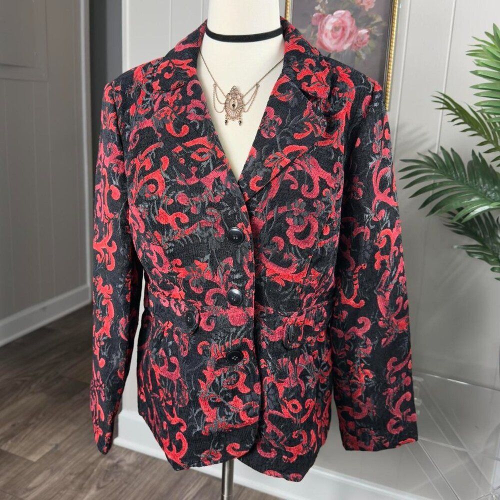 Kim Rogers Red Black Baroque Brocade Blazer | Size L